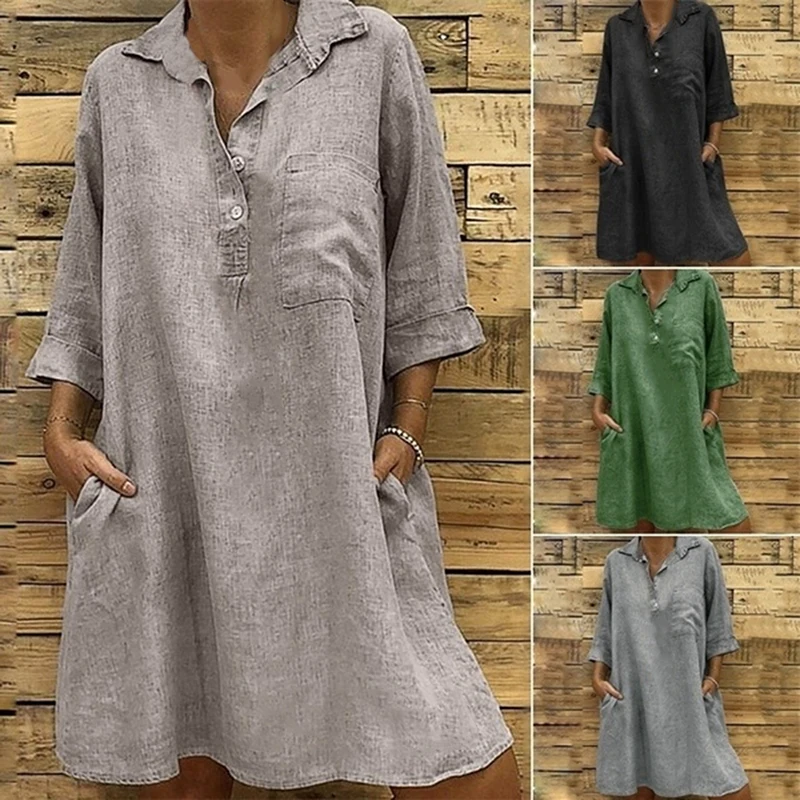 Vintage Pockets Mini Short Party Dress Ladies Turn-down Collar Solid Elegant Dress Autumn Three Quarter Sleeve Casual Dress