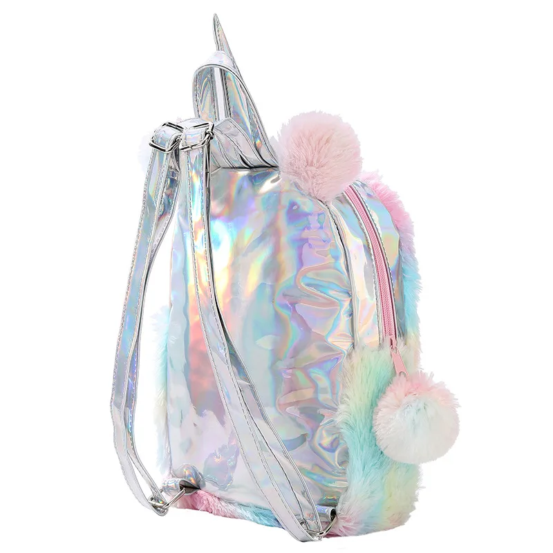 Мультяшная сумка с единорогом для женщин лазерный двойной молодежный рюкзак Радужный меховой школьный рюкзак с ушками для путешествий на открытом воздухе плюшевый рюкзак
