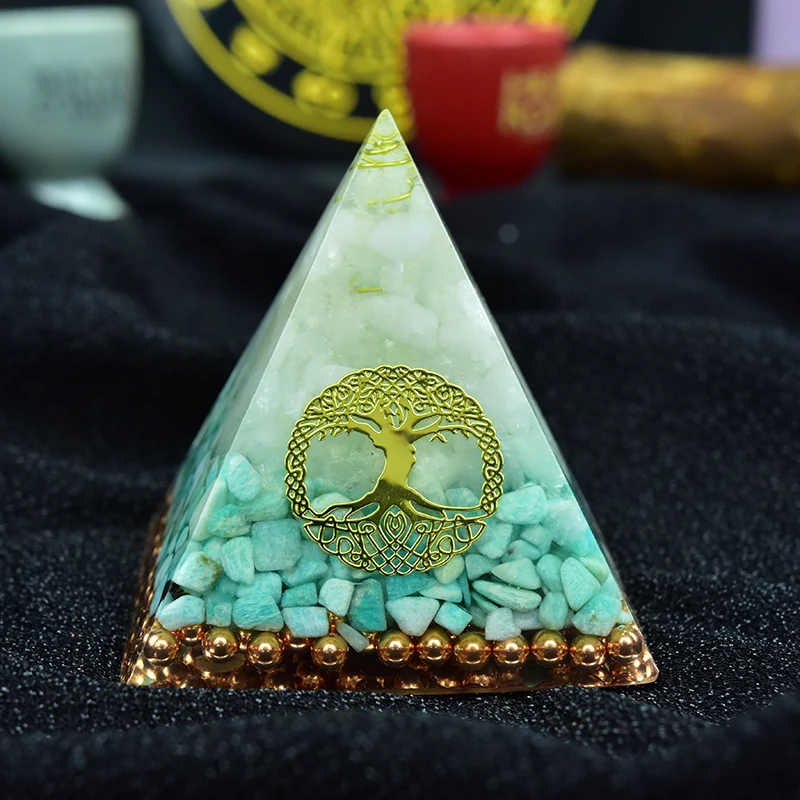 Orgonite Pyramid Raziel Vishuddha Chakra White Crystal Amazonite Resin Jewelry Decoration Faith Creativity Pyramid