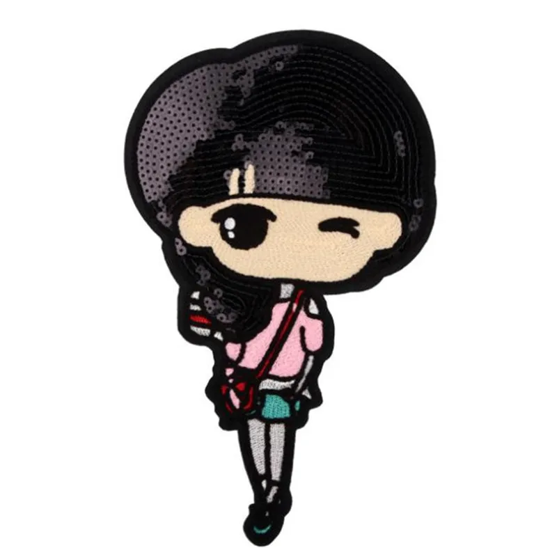 

T shirt Women Embroidery patch black sequins 250mm girl deal with it biker patches for clothing fabric stickers free shipping