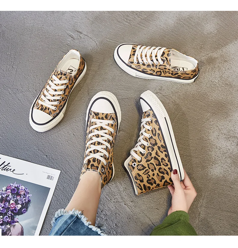 Women's Canvas Shoes Fashion Leopard Print Lace-up Flats Casual Shoes Lady Autumn High-Top Vulcanized Shoe Non-Slip Sneakers