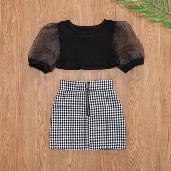 

Emmababy 2Pcs Summer Breathable Little Girls Outfit Toddlers Puff Sleeve Round Collar Short Top + Plaid Pattern Mini Skirt Set