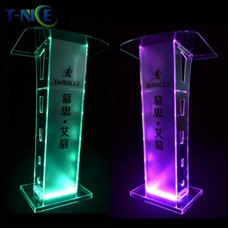 

2024 Church Pulpit Designs LED Commercial Furniture Built-in Shelf Podium Stand Up Clear Lectern Glass Rostrum Custom Logo