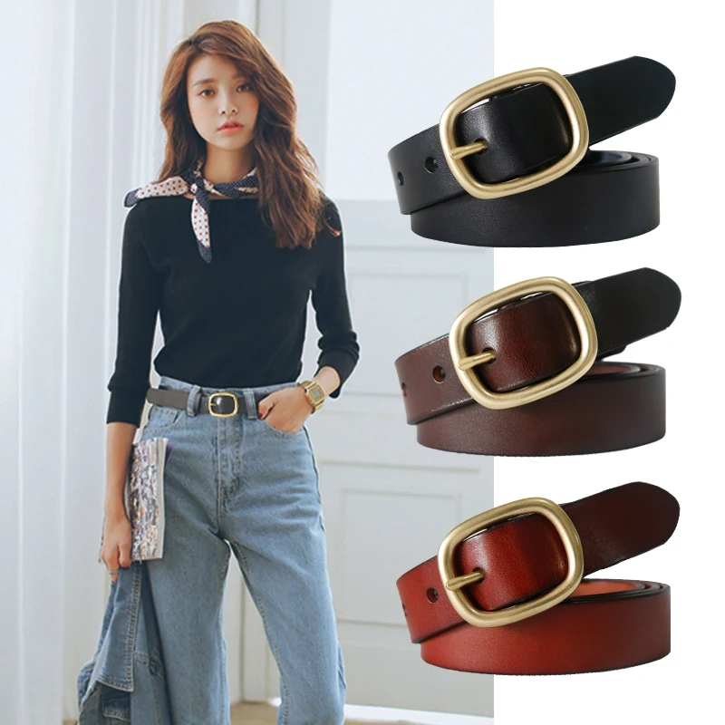 DINISITON New Women‘s Belt Genuine Leather Belts For Women Female Gold Pin Buckle Strap Fancy Vintage for Jeans Dropshipping