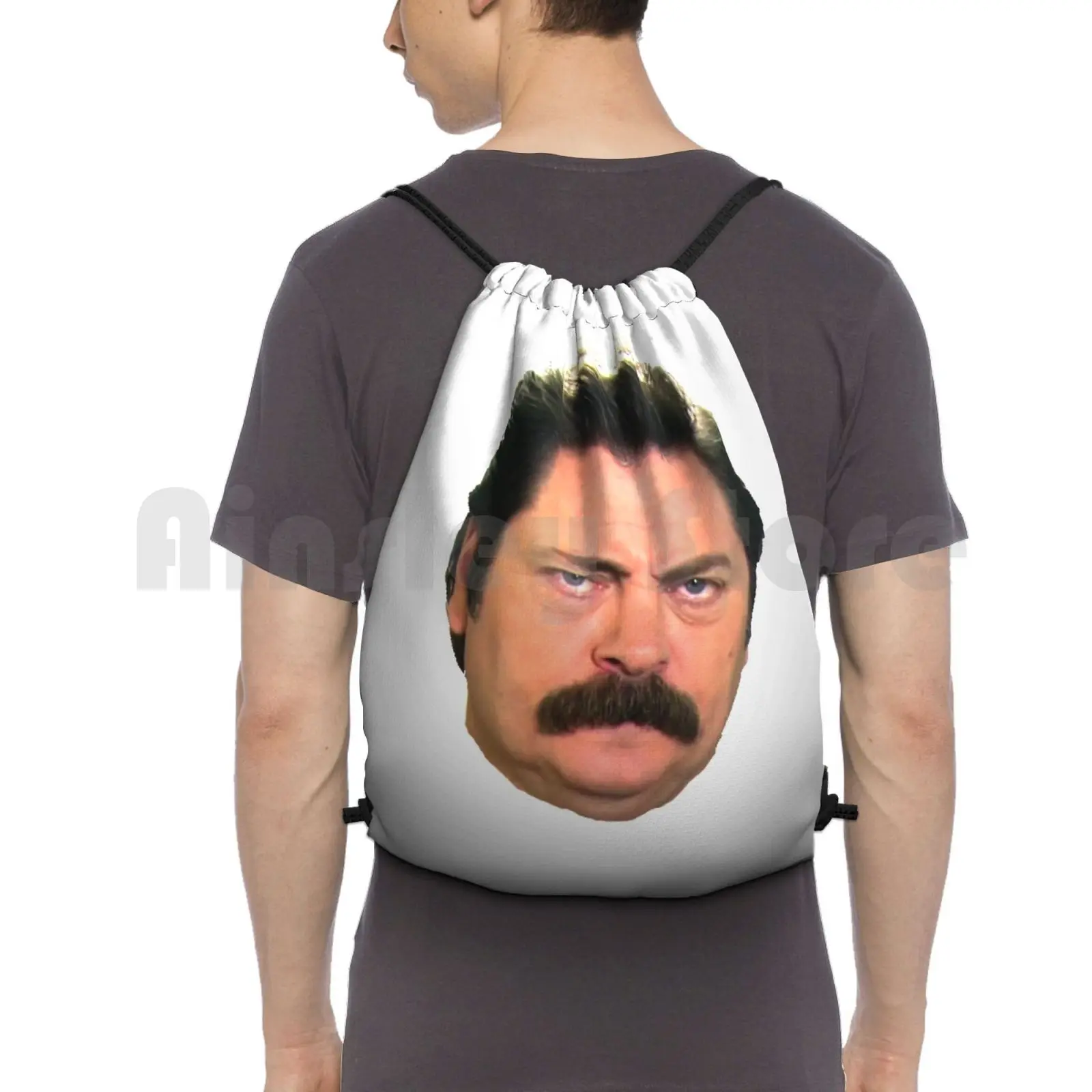 

Ron Face Backpack Drawstring Bags Gym Bag Waterproof Ron Swanson Nick Offerman Parks And Rec Funny Very Good Silver