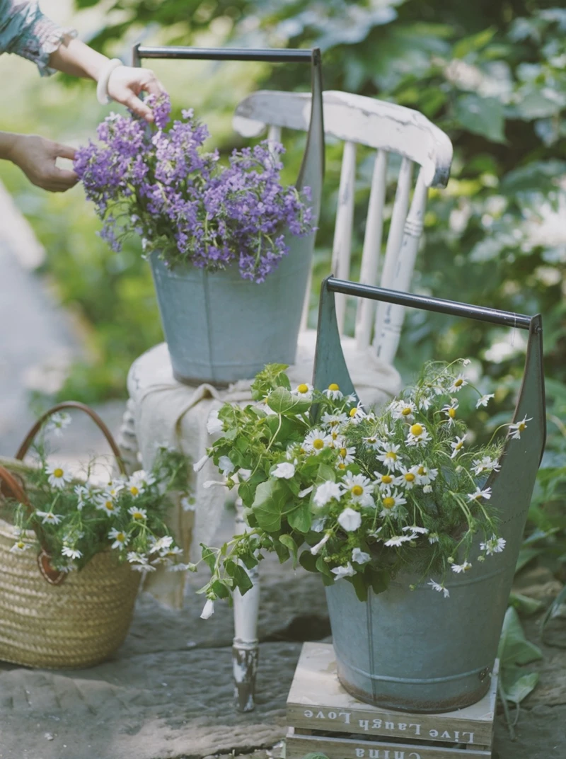 

stack 2 pieces retro vintage handmade zinc flower basket
