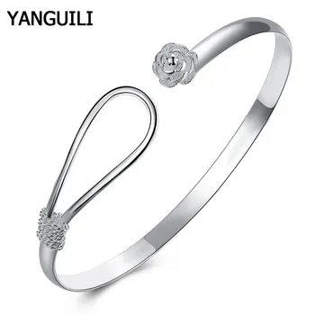 

2020 New 100% 925 Sterling Silver Fashion Elegant Rose Flower Opening Bangles for Female Lady Adjustable Bangle Bracelets