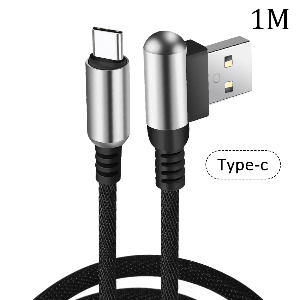 USB Type C Cable 90 Degree elbow Nylon Braided 1M Fast Charging Data Cable for Samsung s8 s9 For Oneplus For Huawei Type-C Cable - Цвет: Black