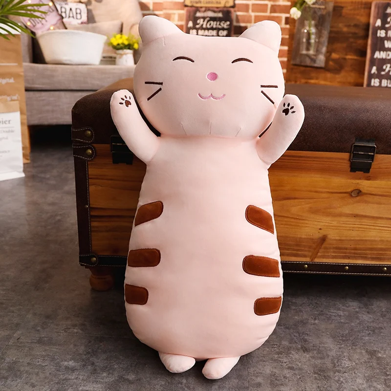 С рисунком кота из мультфильма плюшевые игрушки Длинные Поддержи Животные плюшевая подушка кукла Hug кот серый бежевый, розовый котенок кошка спальный компаньон 60/80 см