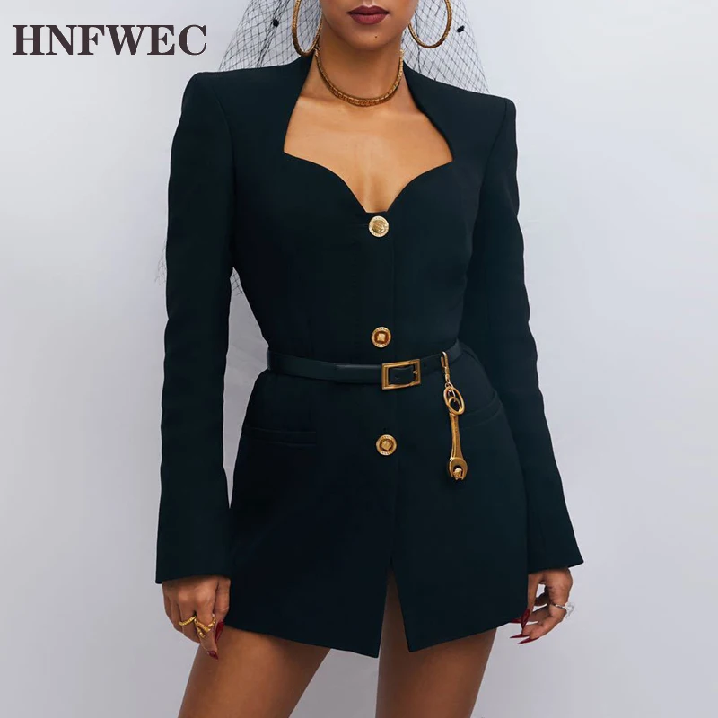 

Brand Buttons Single Breasted Black Mini Dress with Belt Women's Blazer Dresses V540