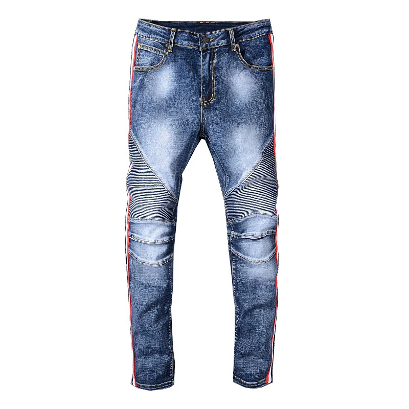 

Sokotoo Men's flag lines patchwork biker jeans for motorcyle Slim fit blue stretch denim pants