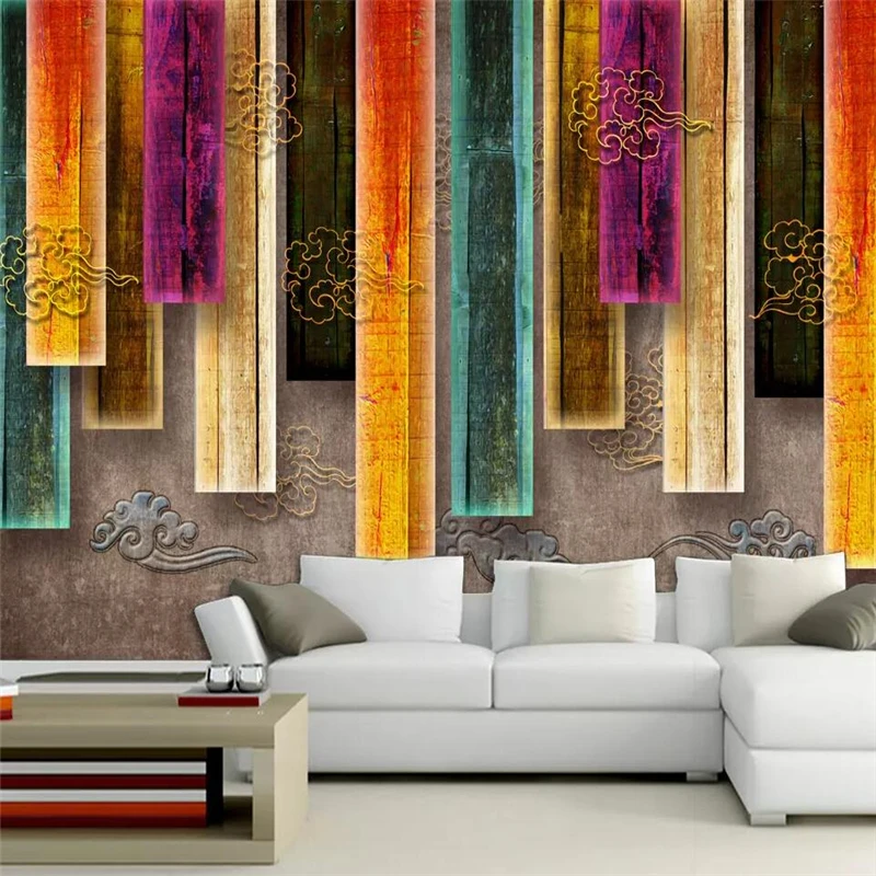 Customize Three-dimensional retro box auspicious cloud living room sofa TV background wall custom large mural green wallpaper |