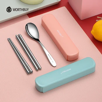 

WORTHBUY Mini Portable Travel Tableware Set Stainless Steel Chopsticks Spoon Dinner Set For Kid School Picnic Kitchen Dinnerware