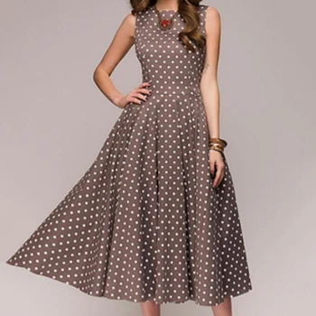 

Lady Sleeveless o-neck Dress New Summer Vintage Elegant Polka Dot Swing Party Dresses Casual Boho Midi Dress Robe Female