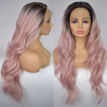 

Bombshell Black Gradient Pink 13 * 3 Synthetic Lace Wavy Wig Non-glue Heat Resistant Fiber, Ladies Cosplay, Daily Makeup Wig