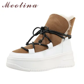 

Meotina Fur Snow Boots Women Shoes Real Leather Platform Wedge Heels Short Boots Lace Up High Heel Ankle Boots Winter Apricot