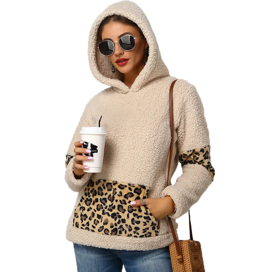 

Autumn Winter Women Sweatshirt Fleece Leopard Stitching Teddy Jacket Sports Casual Hoodie Warm Plush Hooded Outerwear Pullover