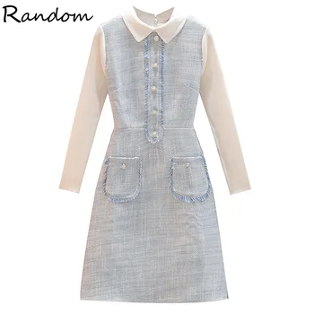 

Women Autumn Plaid Vintage 90S Party Dress Knit Long Sleeve Smart Office Prom Elegant A Line Fashion Dress Plus Size Blue Cloth