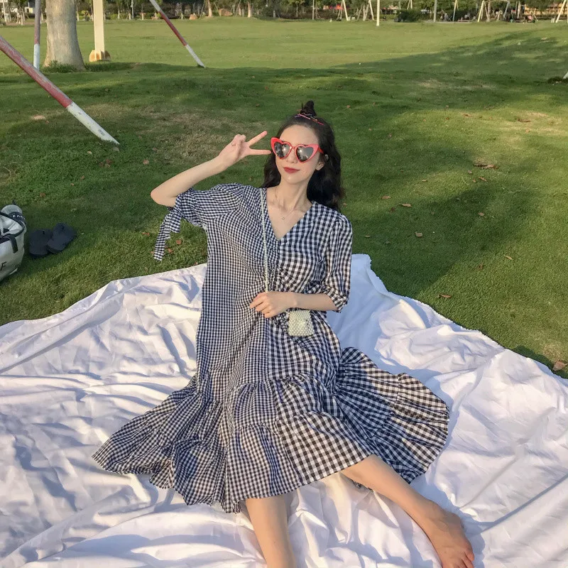 Limiguyue fashion plaid patchwork long summer dress korea chic patchwork drawstring dresses vestidos ruffles beach holiday Y167
