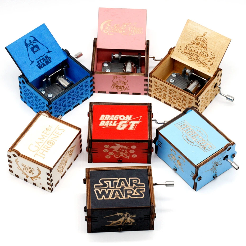 Hot Sale Wholesale Wooden Hand Crank Music Box Game of Thrones Pirates of the Carib Star Wars Castle Inthe Sky Christmas Gift