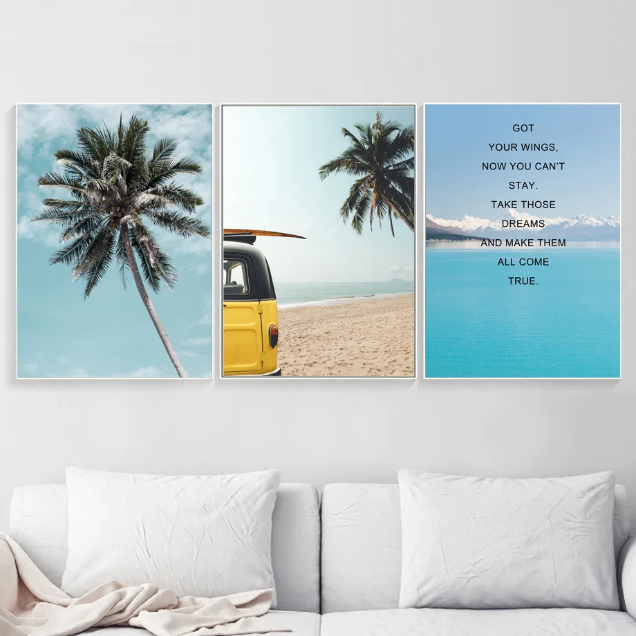 Beautiful-Natural-Scenery-Canvas-Painting-Palm-Tree-Sea-Beach-Yellow-Car-Posters-And-Prints-Wall-Pictures (4)