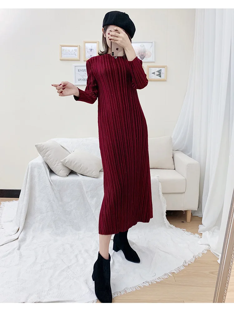 Miyake Плиссированное бархатное платье осень-зима новое свободное плиссированное платье большого размера - Цвет: Бургундия