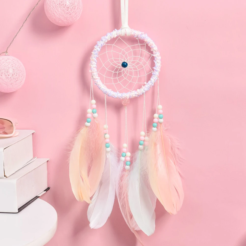 Girl Heart Dream Catcher National Feather Ornaments Lace Ribbons Feathers Wrapped Lights Dreamcatcher