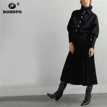 ROHOPO Belted High Waist Ribbed Solid Black Midi Skirt British Academy Academy Multiways Pleated Falda #1290
