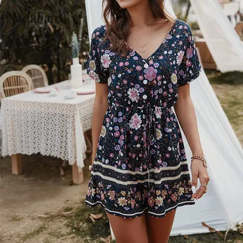 

Nadafair Summer Women Playsuit Short Sleeve High Waist Beach Boho Playsuit V Neck Casual Print Holiday Romper