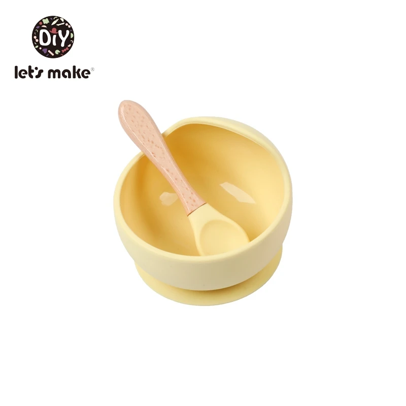 yellow Let's Make/детская посуда, силиконовая миска для кормления ребенка, набор ложек, легко чистится, мягкая розовая тарелка для еды, бамбуковые тарелки для игр - Цвет: yellow