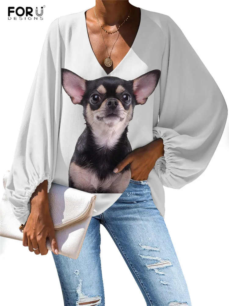 FORUDESIGNS Harajuku Style Kawaii Chihuahua Blouse Casual Loose Long Sleeve V-neck Shirt Girls Shirts Dropshipping