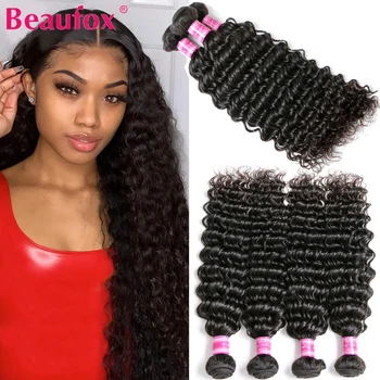Beaufox 1/3/4 Deep Wave Bundles Remy Curly Human Hair Bundles Brazilian Hair Weave Bundles Hair Extensions Human Hair 8-30 Inch 1