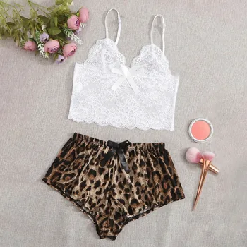 

Leopard Print Lingerie Silk Underwear Sleepwear Nightdress Pajamas Satin Lace V-Neck Pyjamas Sleeveless Camis Top and Shorts Set