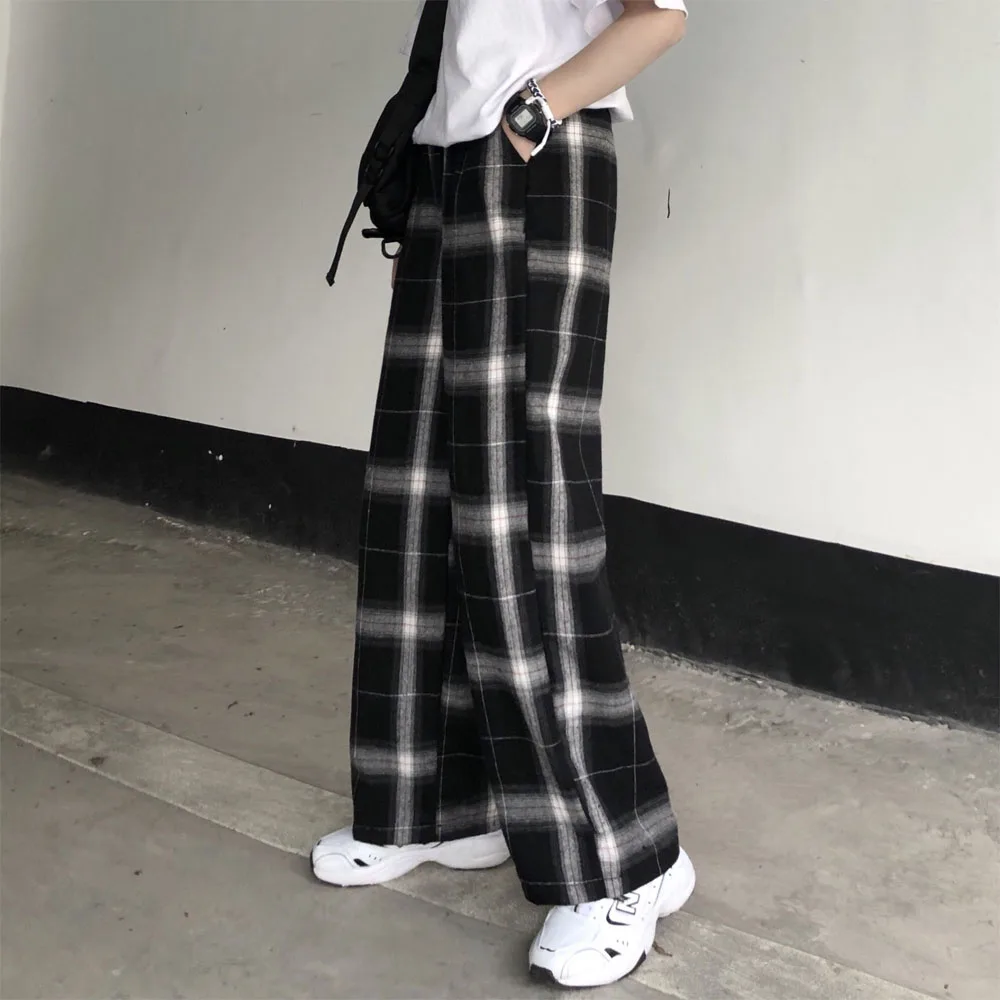 

Plaid Pants Women Casual Chic Oversize Loose Wide Leg Trousers Ins Retro Teens Harajuku Hip-hop All-match Unisex Streetwear