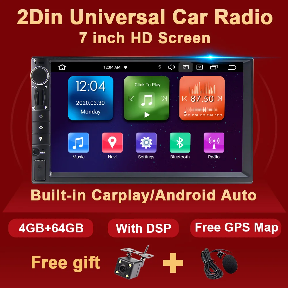 2 Din Android 10 Car Radio Multimedia Video Player For Universal 7 inch Screen Tap Recorder DSP Carplay Android auto GPS Navi