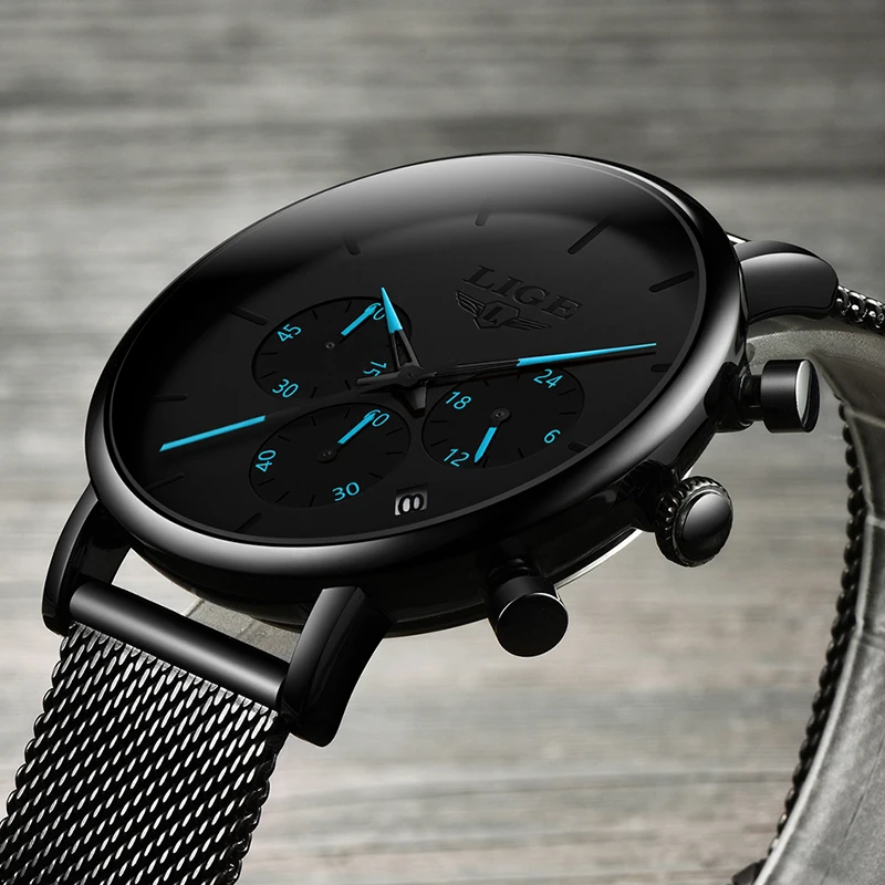 

2019 LIGE New Mens Watches Casual Fashion Watch For Men Sport Mesh Belt Date Watch Waterproof Quartz Clock Relogio Masculino+Box