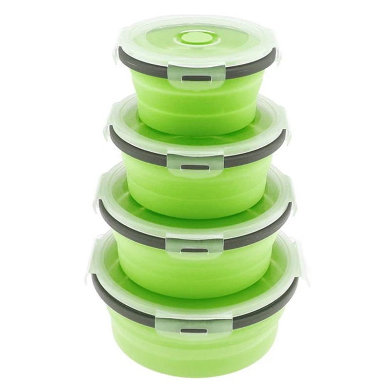 

TOP!-4Pcs Set Collapsible Fruit Salad Lunch Box Silicone Food Box Container Round Shape Tableware Green