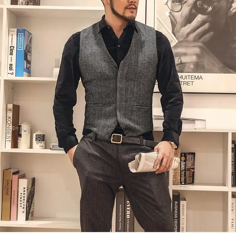 Chaleco de traje para hombre, prenda de vestir de lana de espiga, color  gris oscuro, champán, cuello en V, para negocios, boda, 2021|Chalecos| -  AliExpress