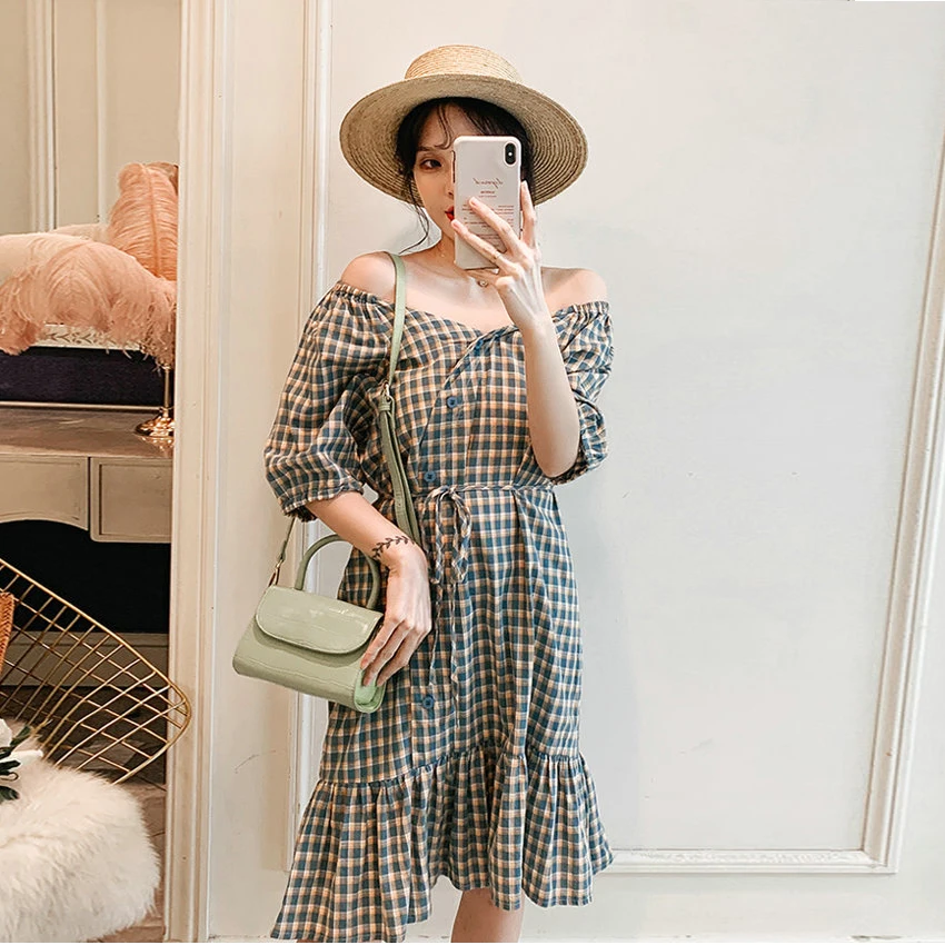 

Summer Woman Green Plaid Wrap Dress Side Buttons Front Design Laing Up Waist Cotton Dresses Women Casual Ruffle Hem One Piece