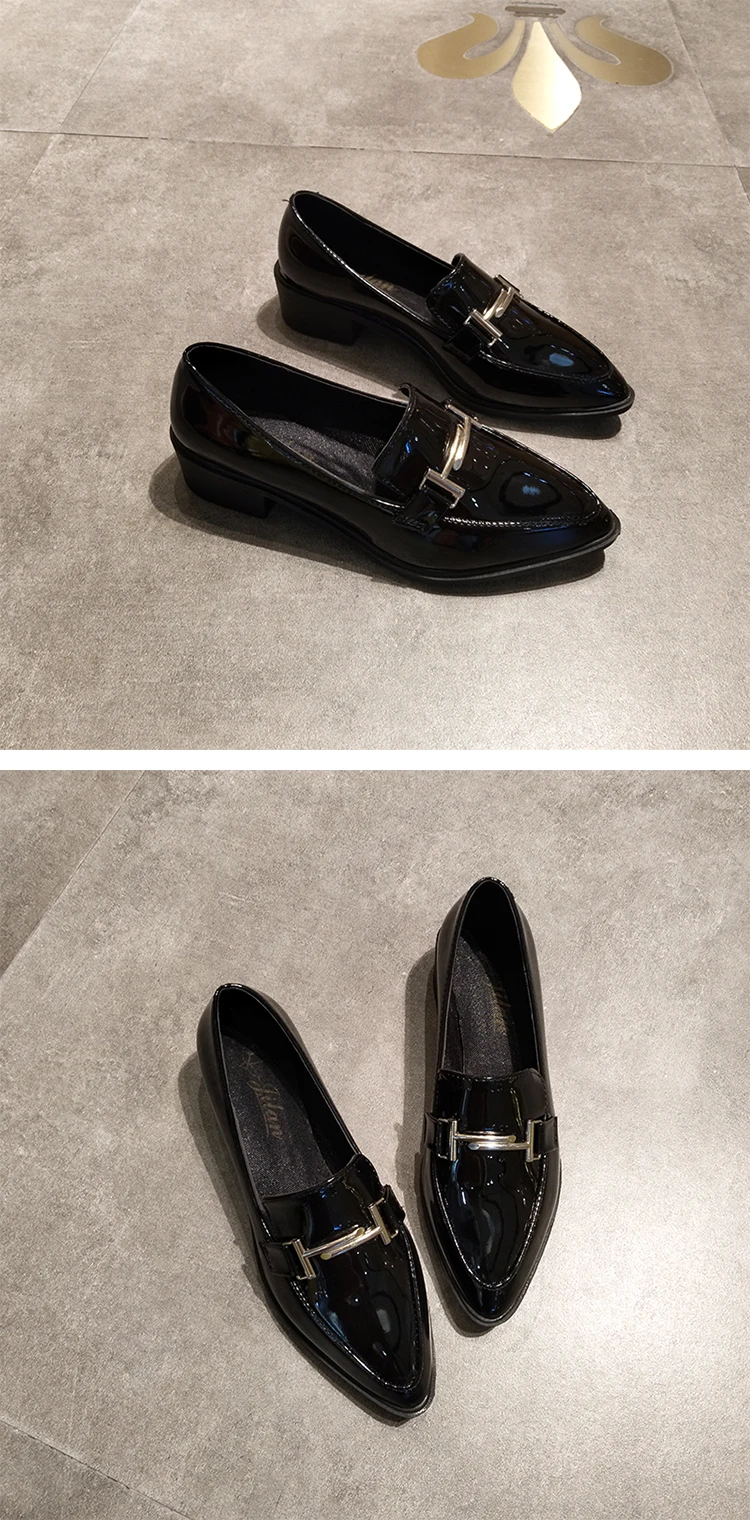Pointed toe metal decoration flats slip on casual thick heels women shoes solid leather brief loafers college students moccasins