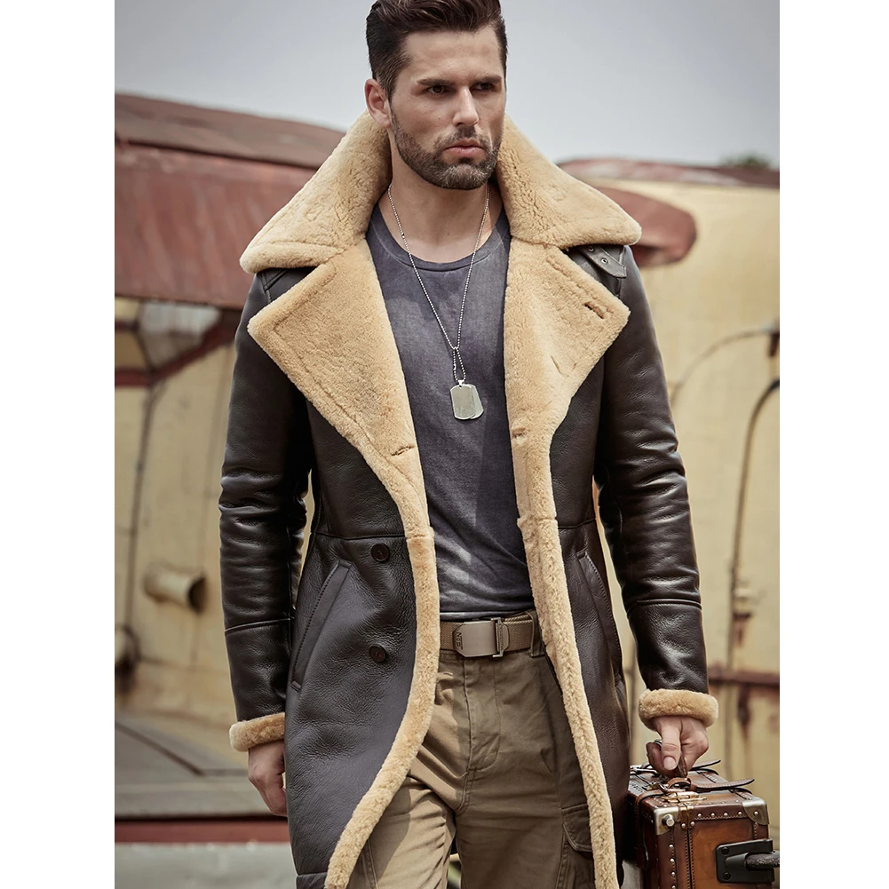 Abrigo de borreguito marrón B3 para hombre, chaqueta de vuelo, aviador piel de oveja, abrigo largo de piel de invierno, Parkas de cuero de Bombardero|Abrigos de cuero genuino| - AliExpress