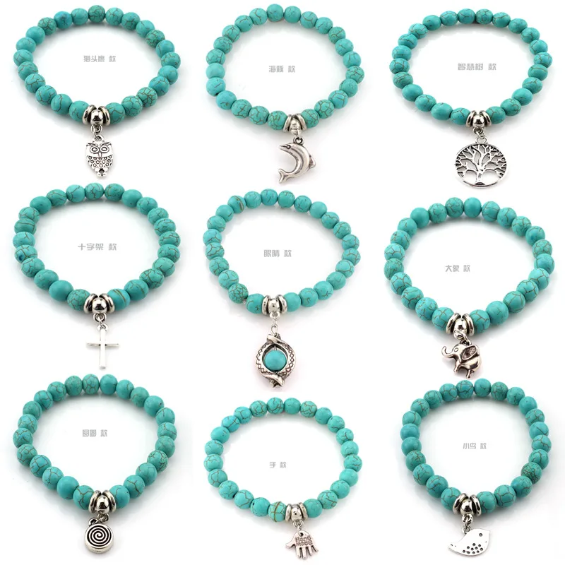 Trendy Blue Turquoises Stone Charm Bracelet Men Women Strand Beads Bracelet Handmade Life Tree Cross Bracelets&Bangles Bijoux Fashion Bracelet