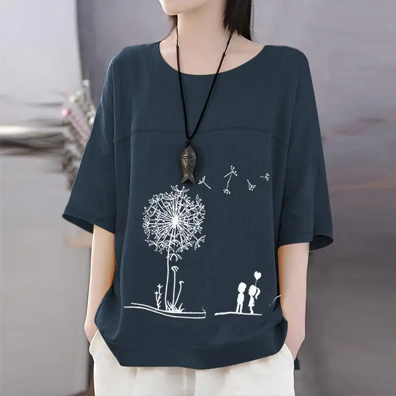 

Fashion Autumn Blouse Women O Neck 3/4 Sleeve Cartoon Printed Shirt Female Loose Cotton Linen Blusas Casual Tunic Tops Chemise