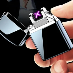 Double Arc Usb Lighter Black Metal Windproof Charging Lighter Cigarette Accessories Wholesale and Retail