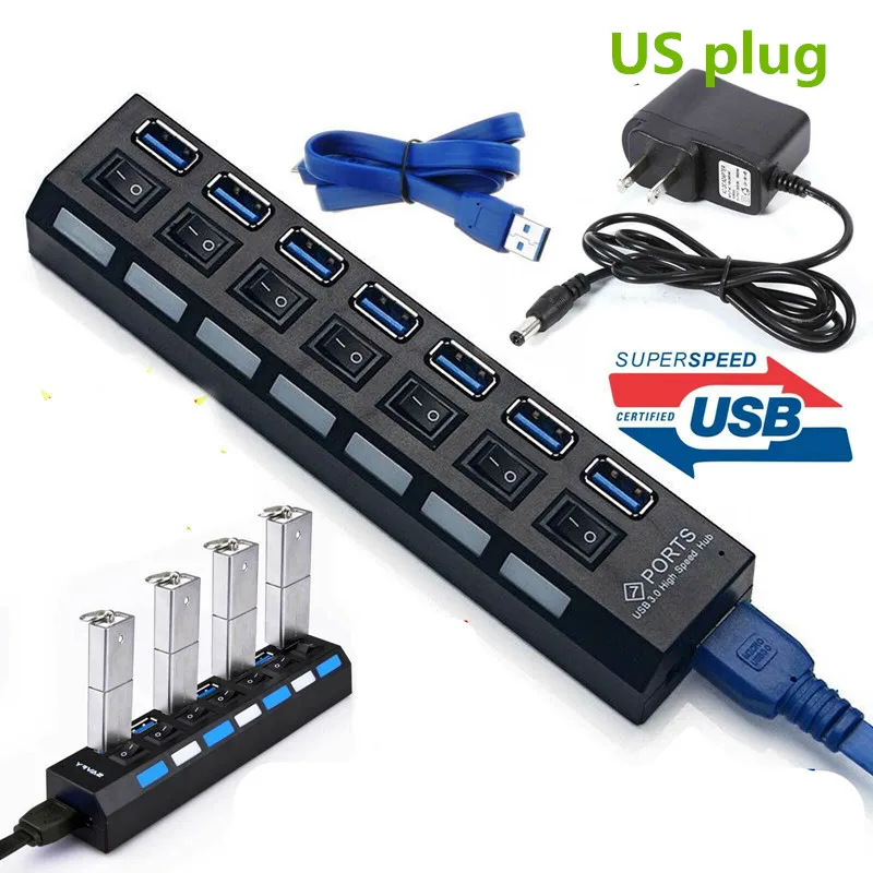 Usb-концентратор 3,0 7 портов USB 3,0 концентратор разветвитель с адаптером питания мульти USB C Hab высокоскоростной 5 Гбит/с Тип C 3 концентратор для ПК с адаптером - Цвет: 7 port HUB with US
