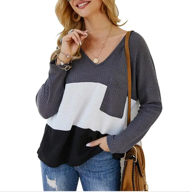 

Autumn Thin Sweater Femme Colorful Plaid Deep V-Neck Loose Knitted Pockets Patchwork Long Sleeve Casual Pullovers Ladies CL275