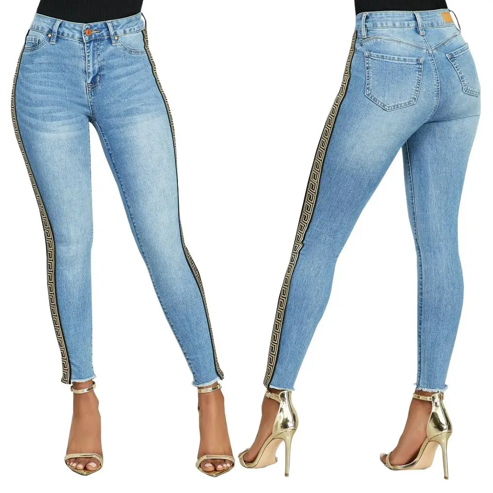 

Side Striped Jeans For Women High Waisted Stretch Skinny Jeans Push Up Ankle Denim Pants Juniors Butt Lift Tapered Pencil Jeans