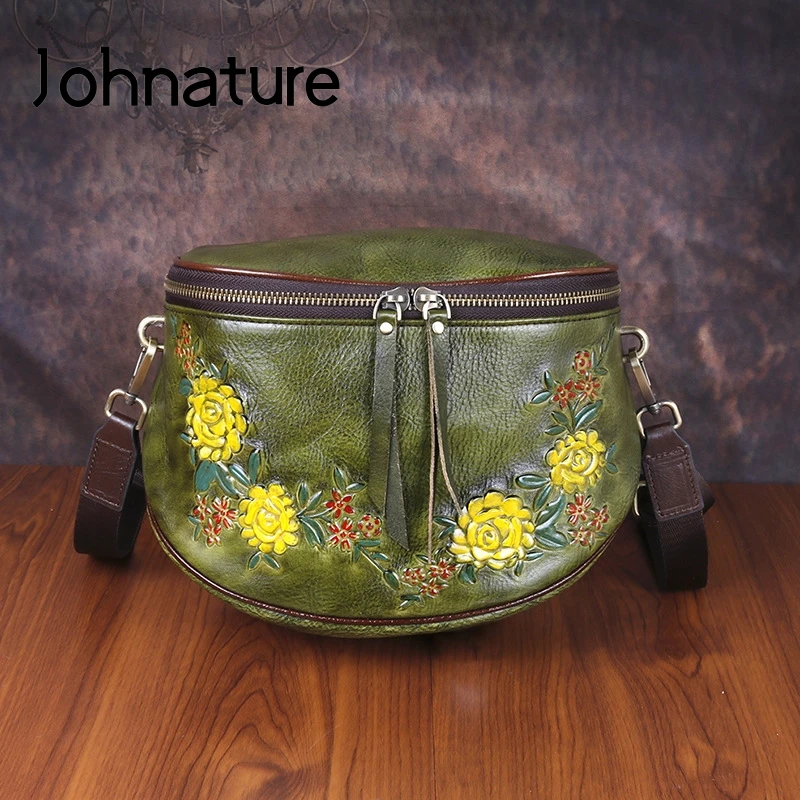 

Johnature 2020 New First Layer Cow Leather Women Bag Retro Handmade Embossing Chest Bag Leisure Floral Shoulder Messenger Bags