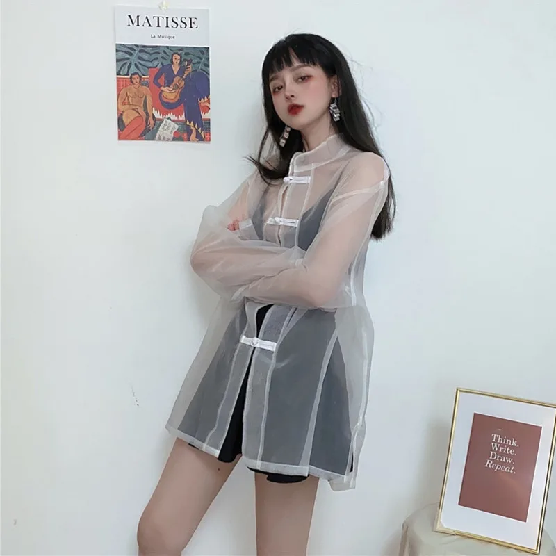 Chinese Style Blouse Harajuku Hanfu Women Clothing China Tops Tang Suit Vintage Net Yarn Transparent Blusas Mujer Streetwear New