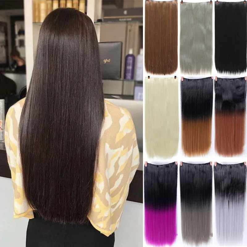 

DIANQI 5 clips on long straight hair extensions 24 Inch synthetic ombre black brown clip on fake hairpieces for women hair